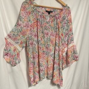 Zac & Rachel Multicolor Boho Whimsical Floral Blouse with Lace Accents SZ 2X